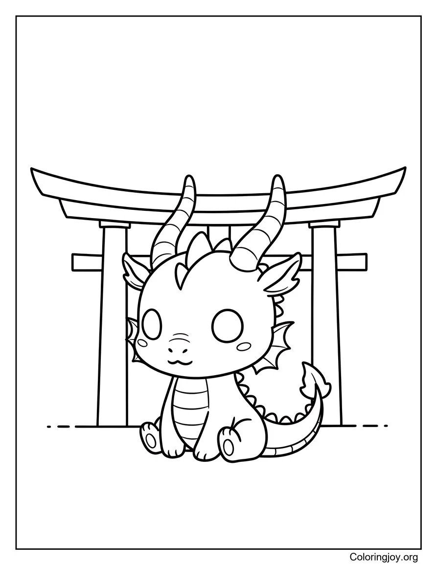 Here a horned dragon rests peacefully in front of a quiet temple.