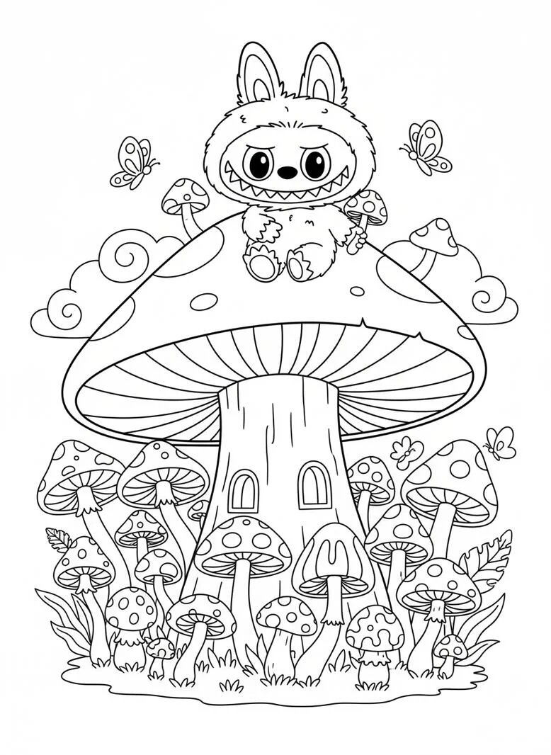 labubu mushroom coloring page