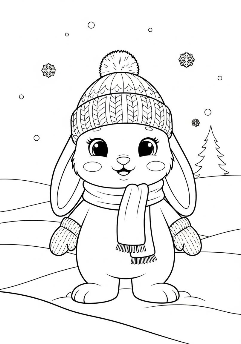 Adorable Snow Bunny in Winter Attire Coloring Page