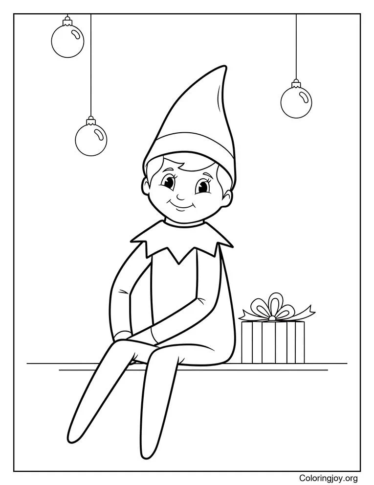 Cute Holiday Scene with Elf on the Shelf Coloring Page