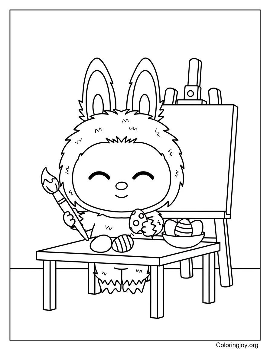 This cheerful page shows Labubu painting Easter eggs with dots and stripes.