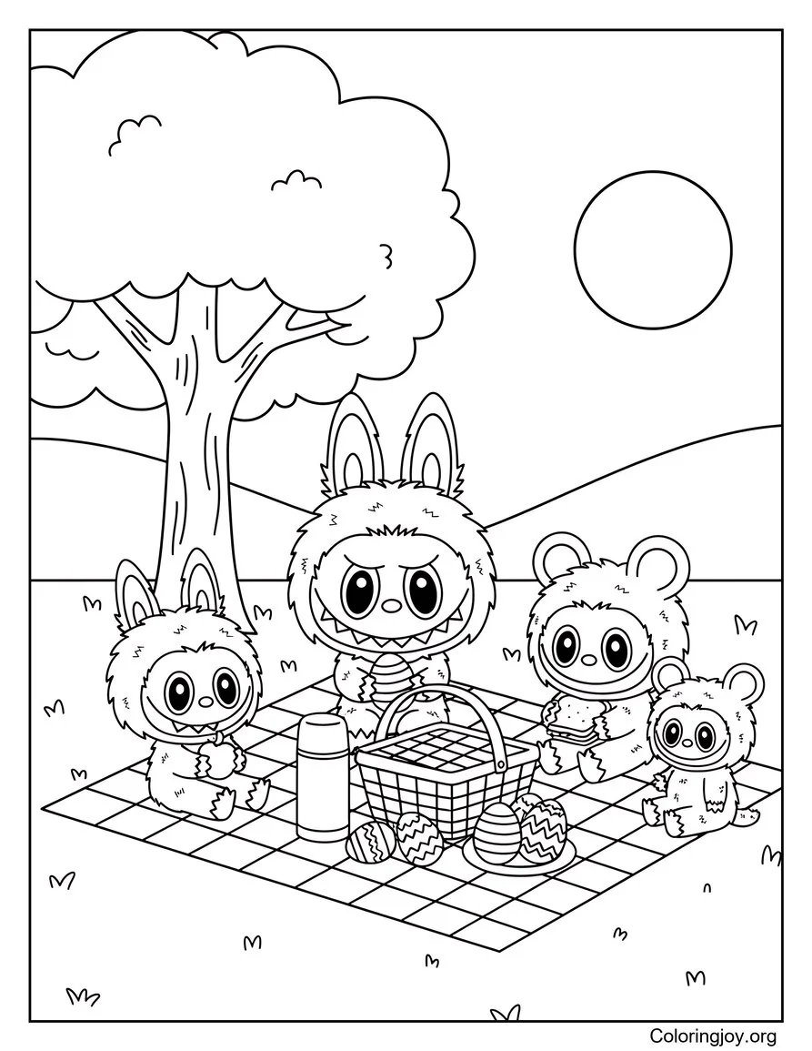 For a fun picnic scene Labubu sits with friends and decorated eggs.