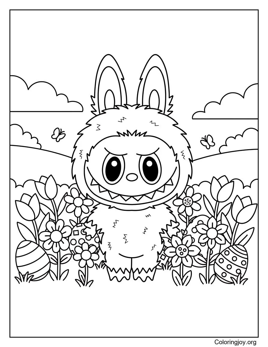 That bright scene shows Labubu surrounded by spring flowers and eggs.