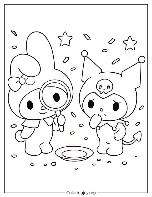 Easy Outline of Kuromi and My Melody Mystery Scene for Kids