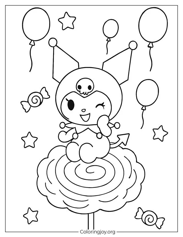 Kuromi in the Sky with Balloons and Candy – Coloring Activity Page
