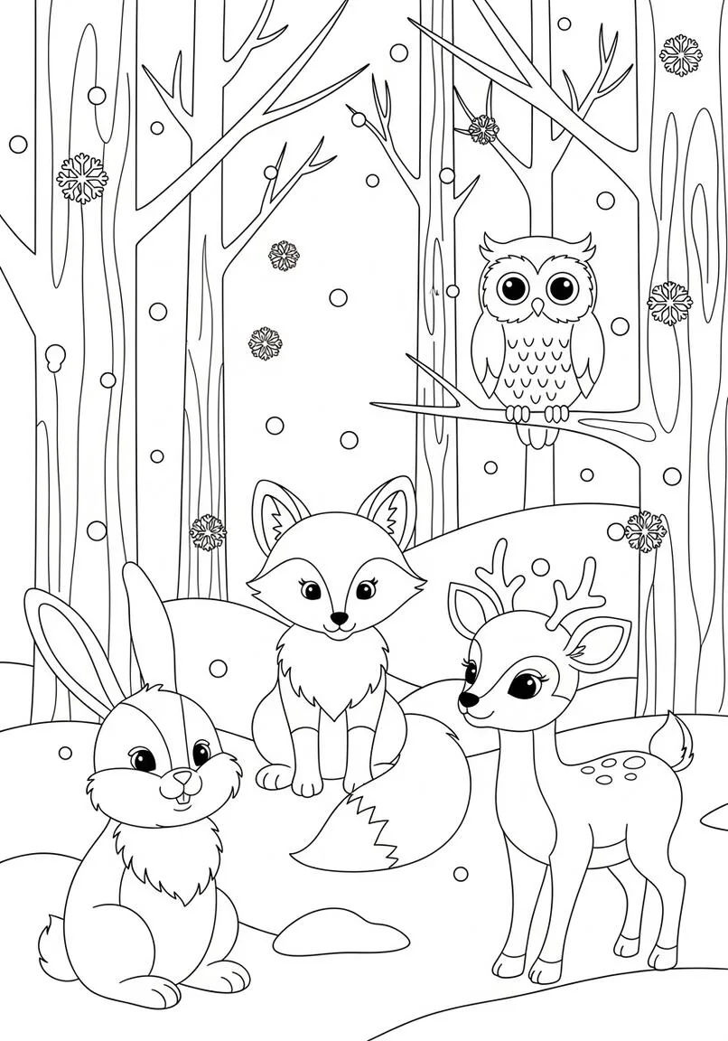January Forest Animals Snowflakes Coloring Page