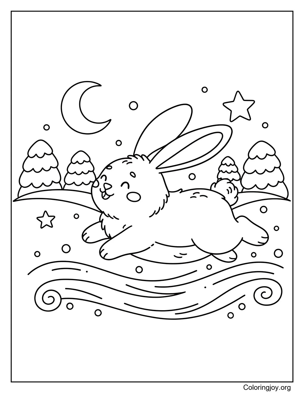 Hopping Snow Bunny,Color a sweet bunny jumping in the snow.