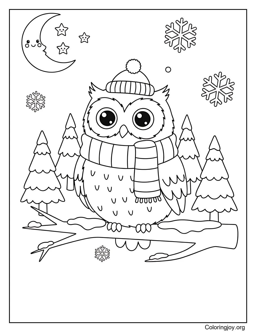 Quiet Winter Owl,Color the owl resting calmly in the cold air.