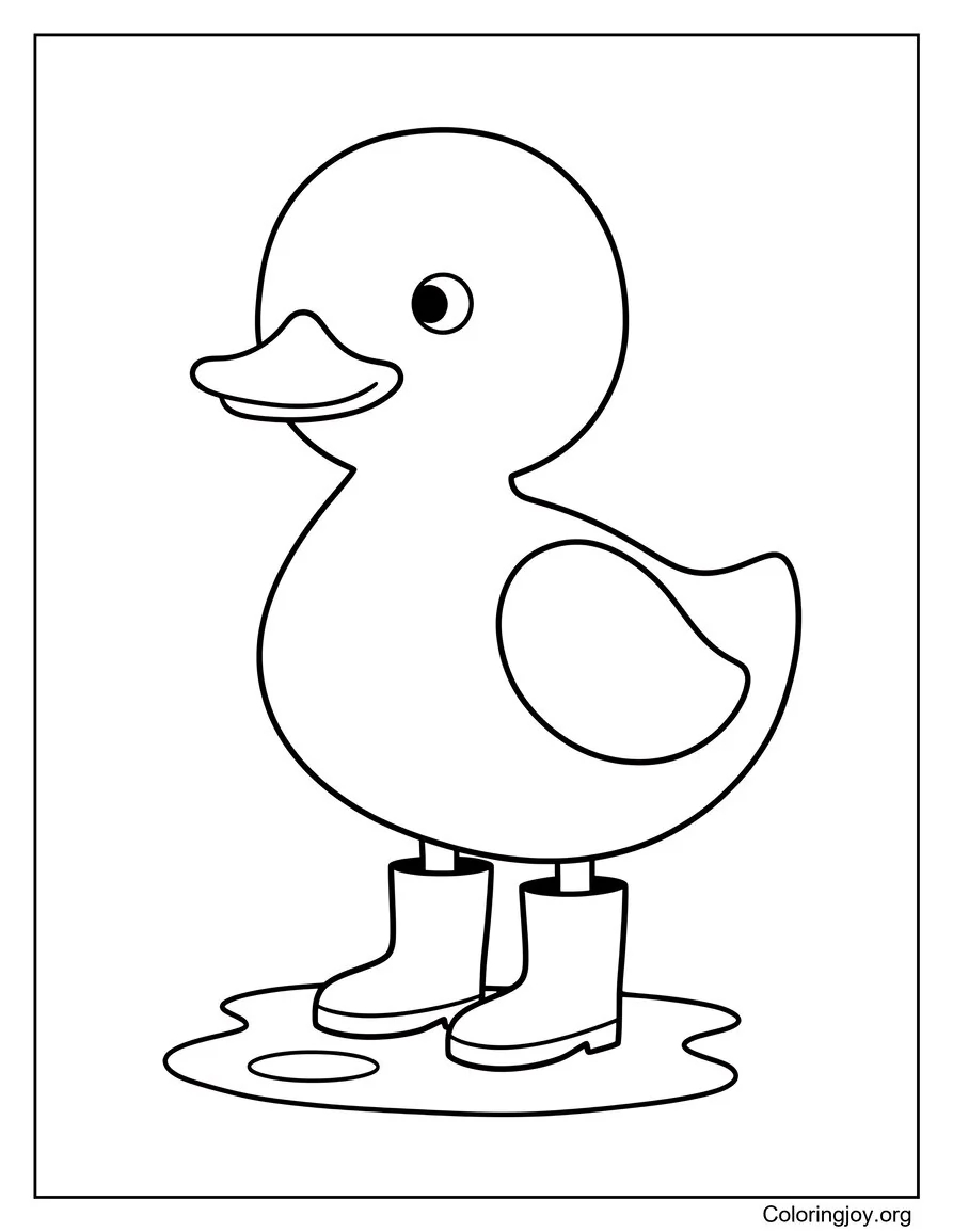 A boot-wearing duckling waddles through a simple spring scene.
