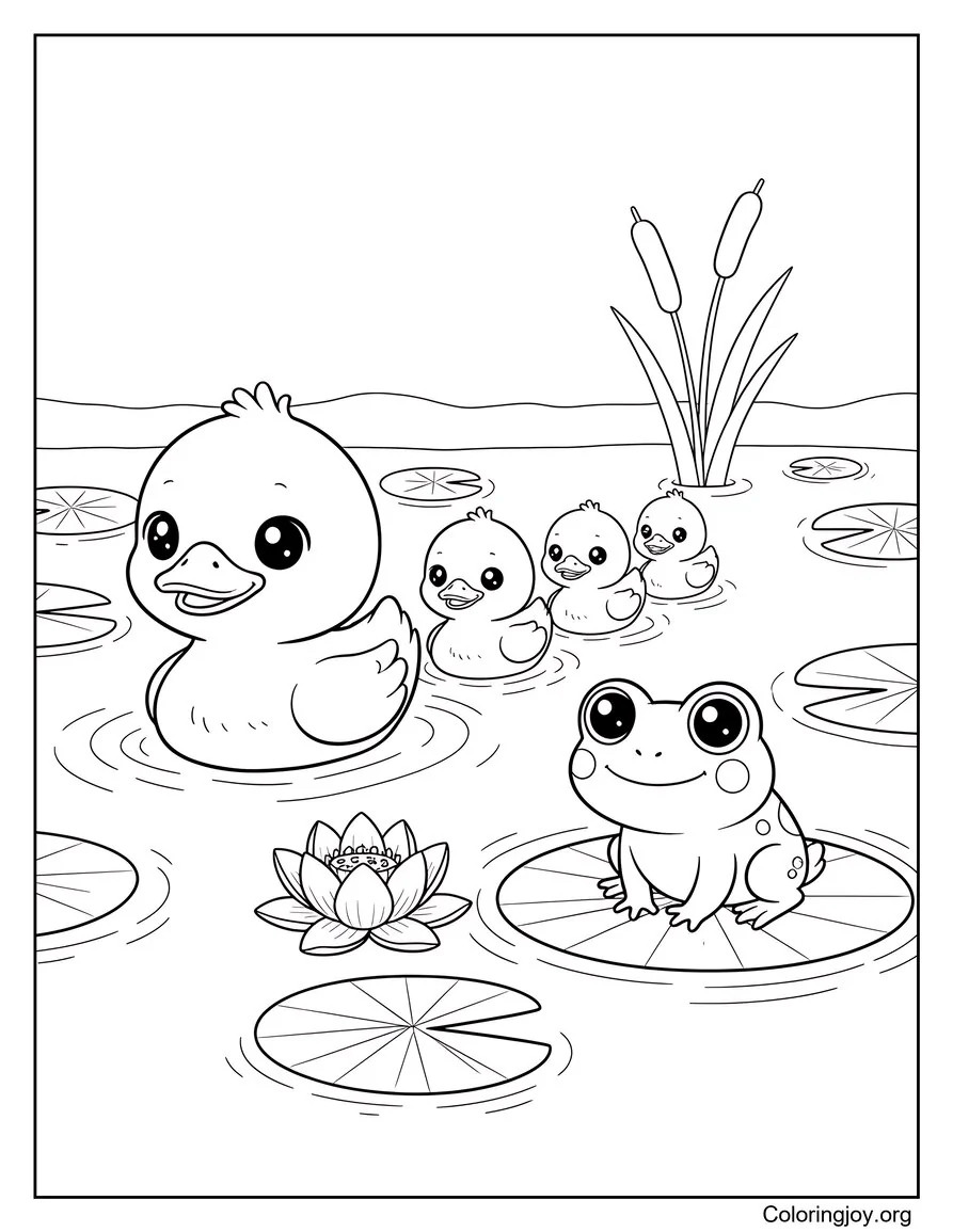 Meet ducklings and frogs enjoying a calm lily-covered pond.