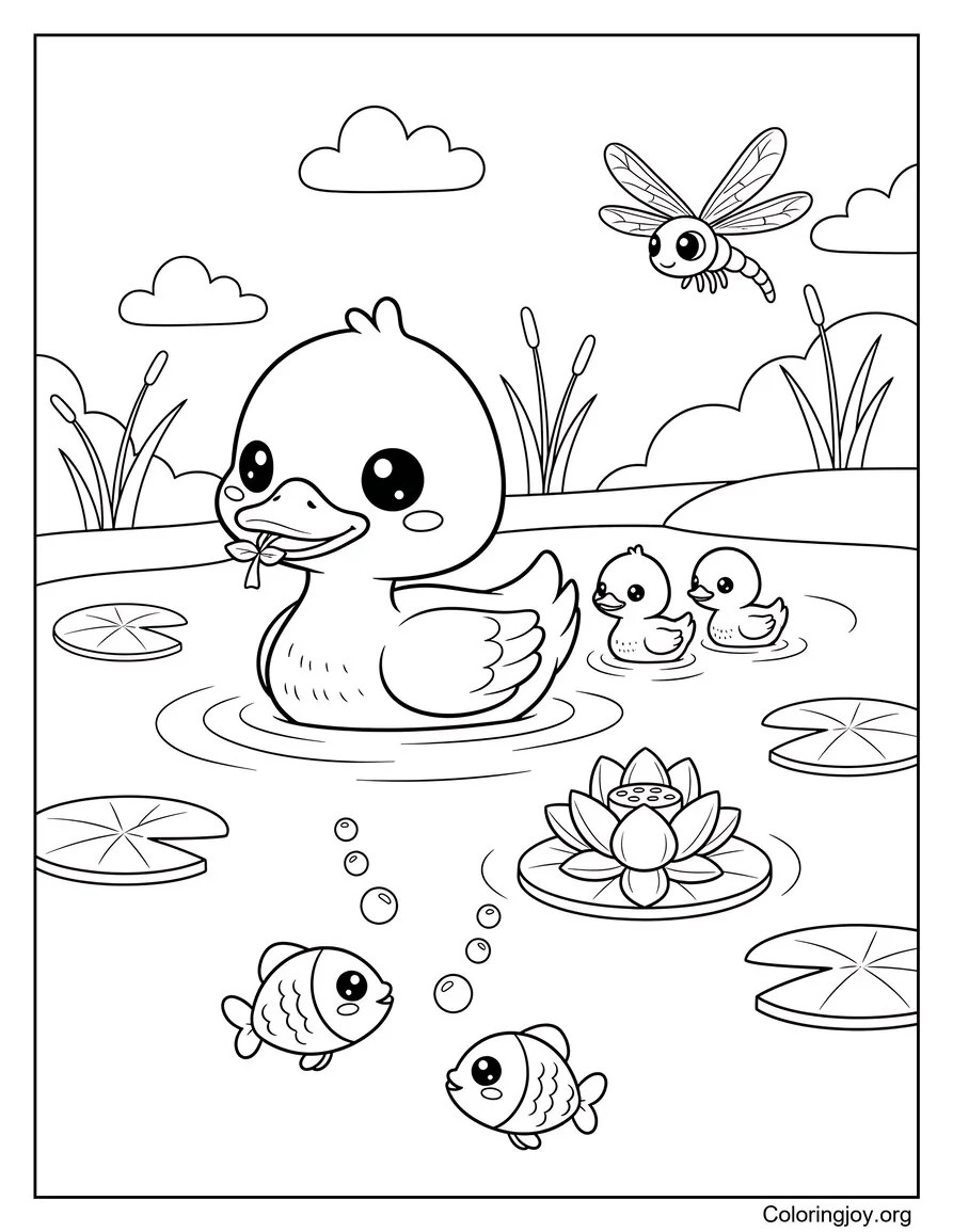 Watch ducks, fish, and bugs share a happy pond together.