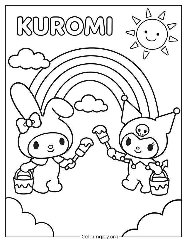 My Melody and Kuromi Painting a Rainbow in the Sky Printable Coloring Page