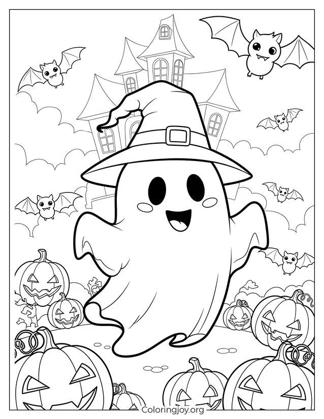 Playful Ghost & Pumpkin Halloween Coloring Page