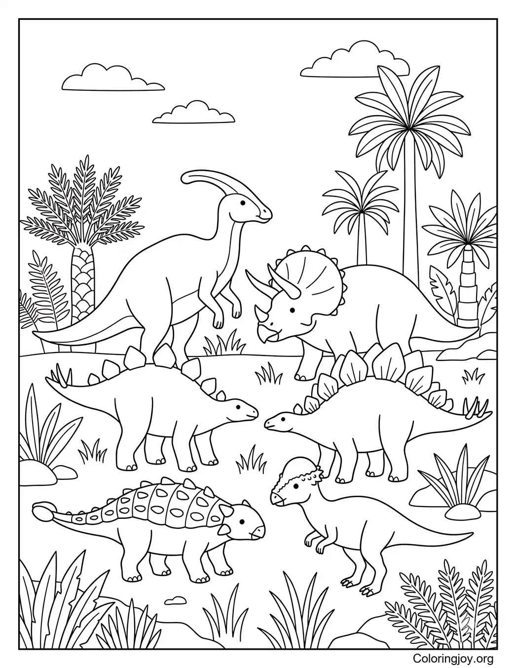 Parasaurolophus with other herbivorous dinosaurs in a prehistoric landscape.