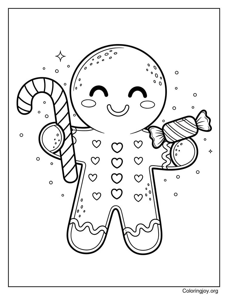 Easy gingerbread boy with tiny heart icing holding candy coloring page