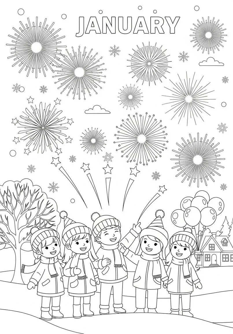 Joyful January Fireworks Children Winter Celebration Coloring Page