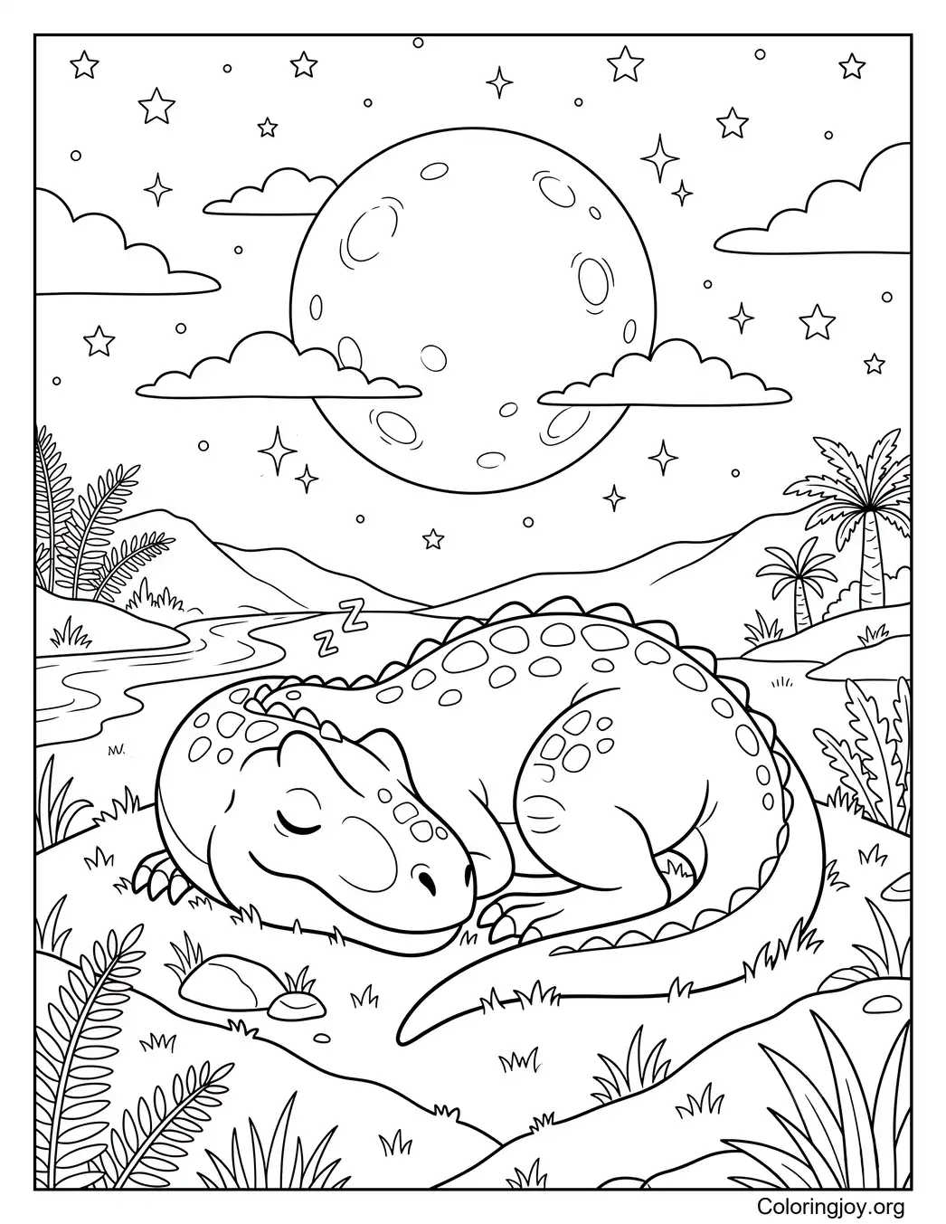 Sleeping Allosaurus under moonlight