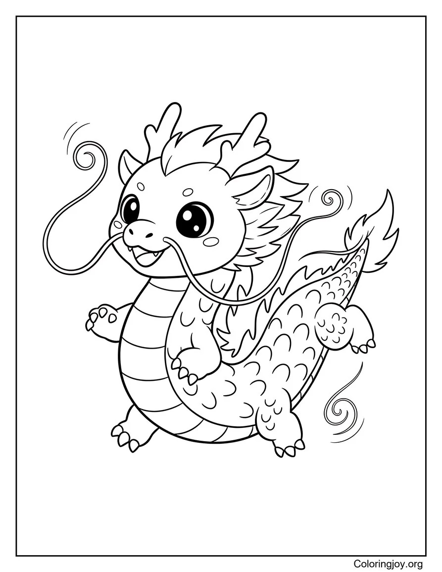 This long Eastern dragon twists through the sky with a playful grin.