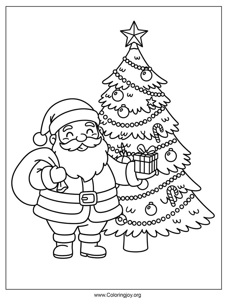 Santa Claus with Christmas tree coloring page