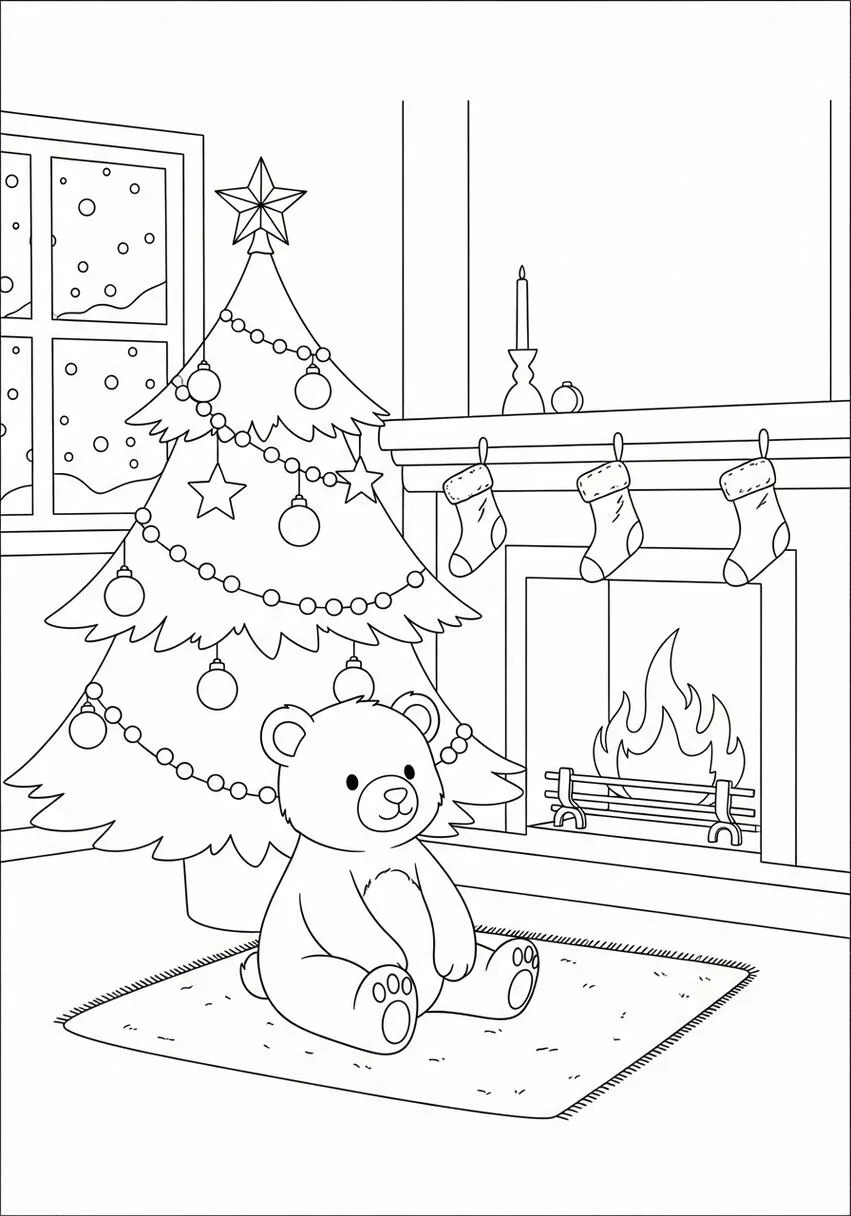 Christmas Tree and Fireplace Coloring Page .