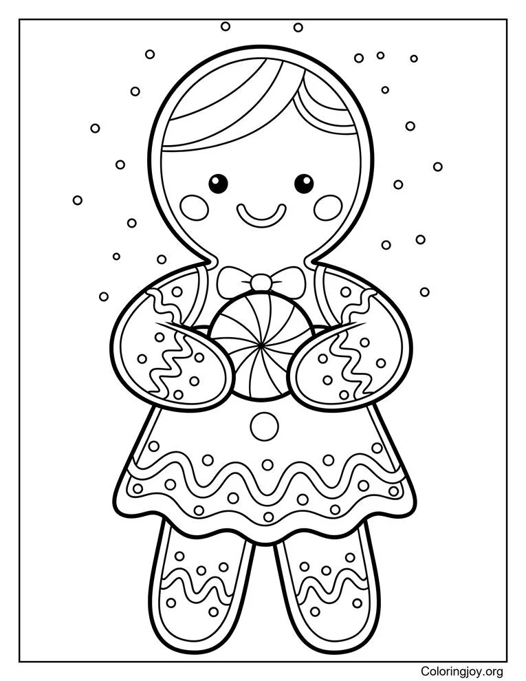 Gingerbread woman with zigzag-and-dot icing holding peppermint candy coloring page