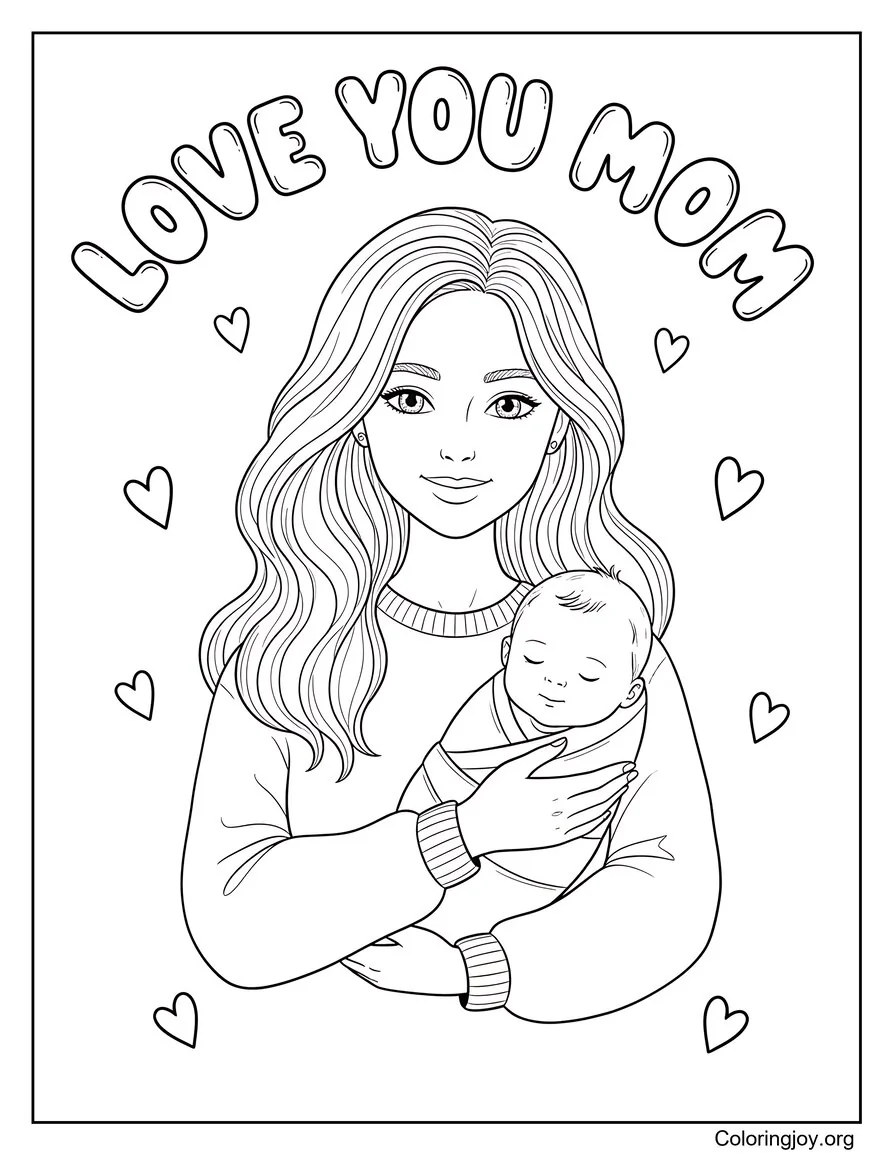 Mother Holding Baby Love You Mom Coloring Page Heartwarming Scene