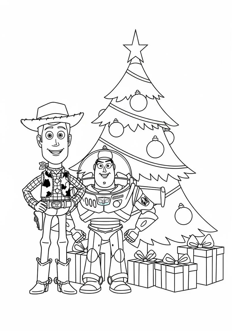 Woody and Buzz Lightyear Christmas Tree Coloring Page