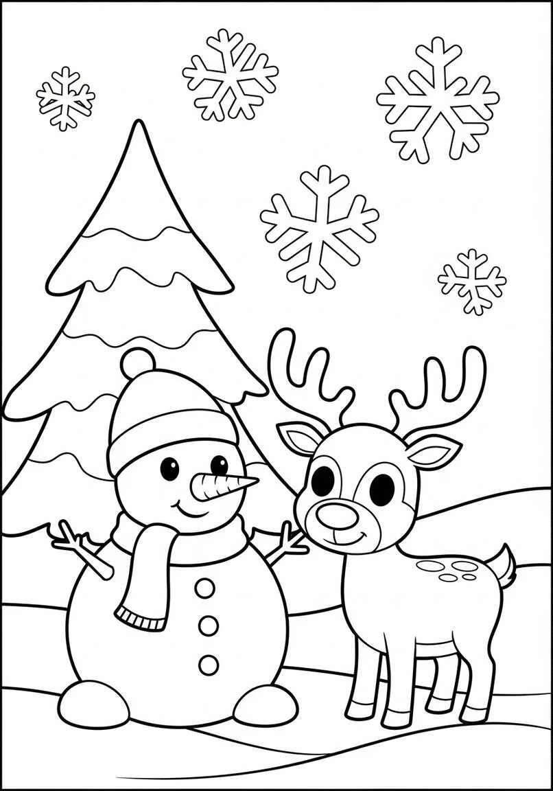 Snowman and Reindeer Frozen Christmas Scene Coloring Page