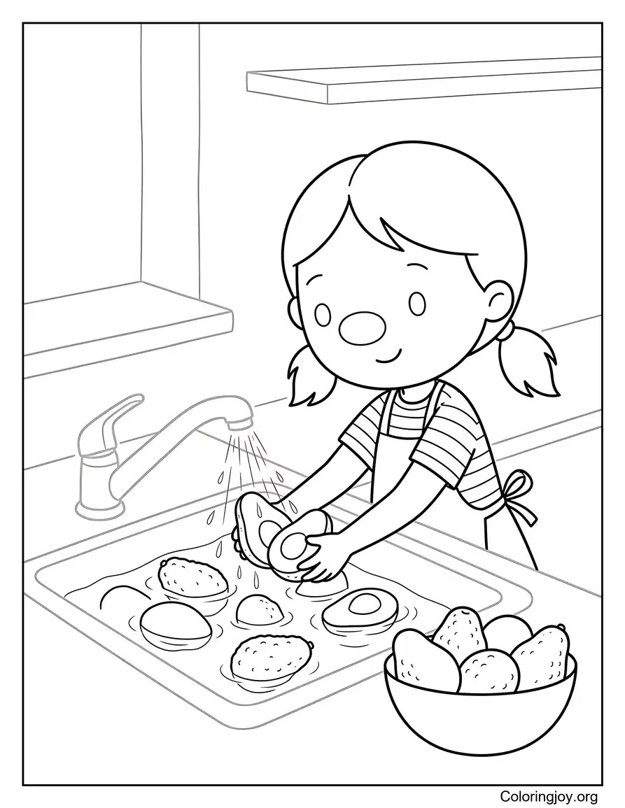 Little Girl Washing Fresh Avocados Picture to Color
