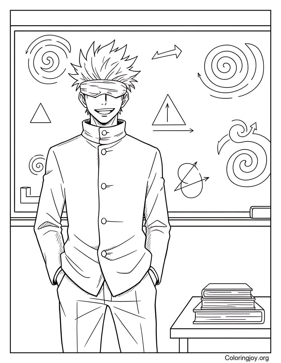 For a school moment, Gojo smiles while teaching his class.