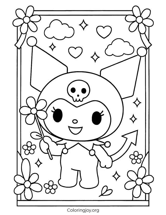 A cute Kuromi line art page filled with hearts and sparkles.