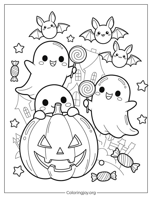 Kawaii Ghosts and Pumpkin Coloring Page