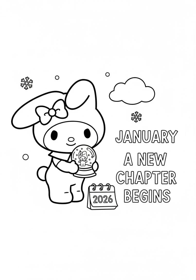 Cheerful My Melody Snowglobe January 2026 Coloring Page