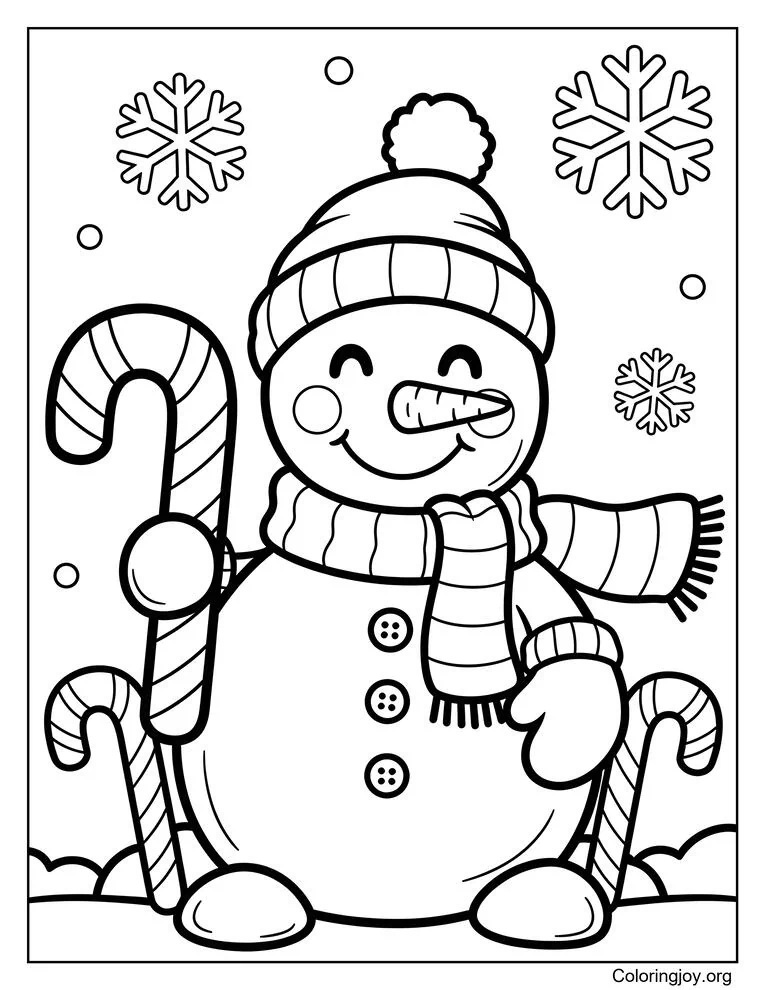 Christmas snowman with candy cane coloring page