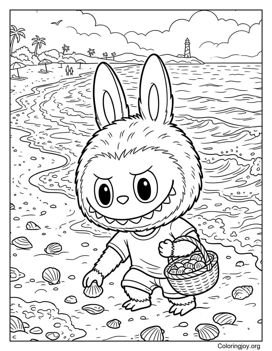 Collecting Seashells on the Shore Labubu-Inspired Coloring Sheet