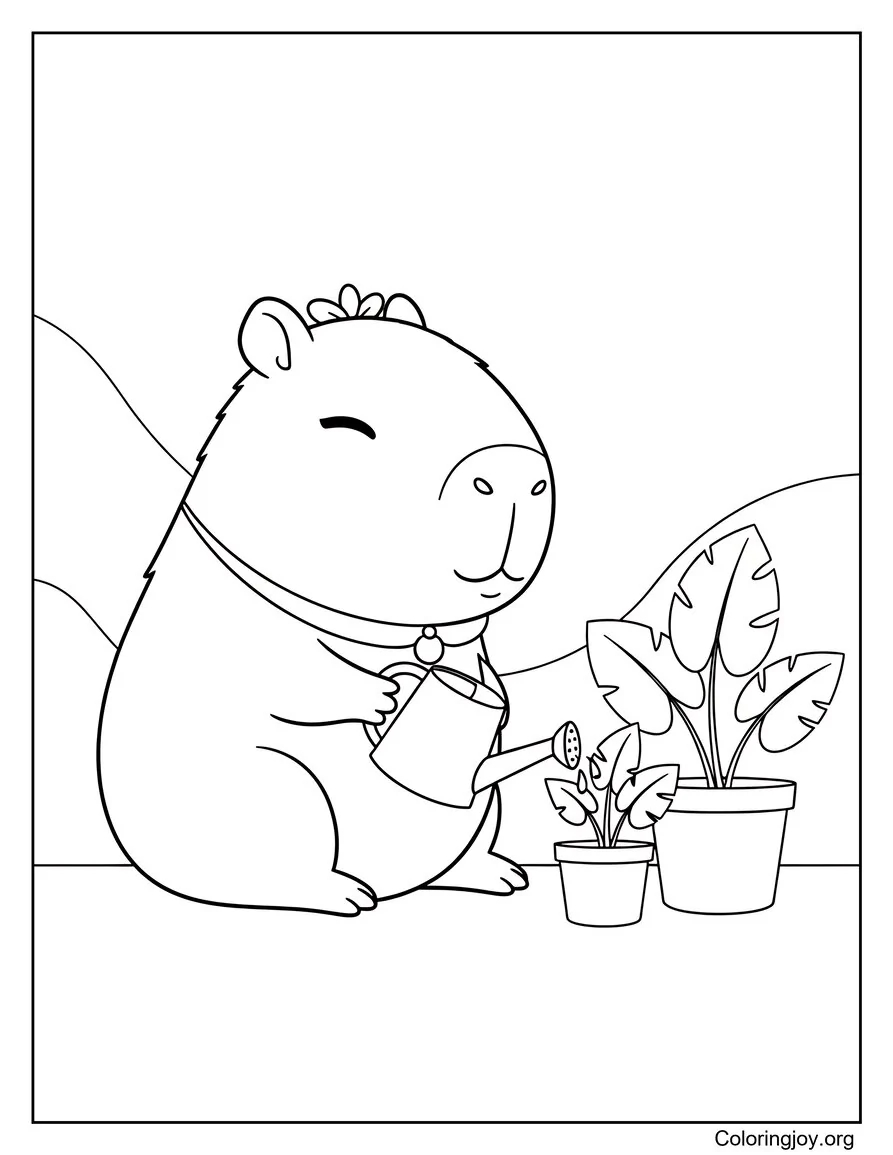 capybara watering plants coloring page
