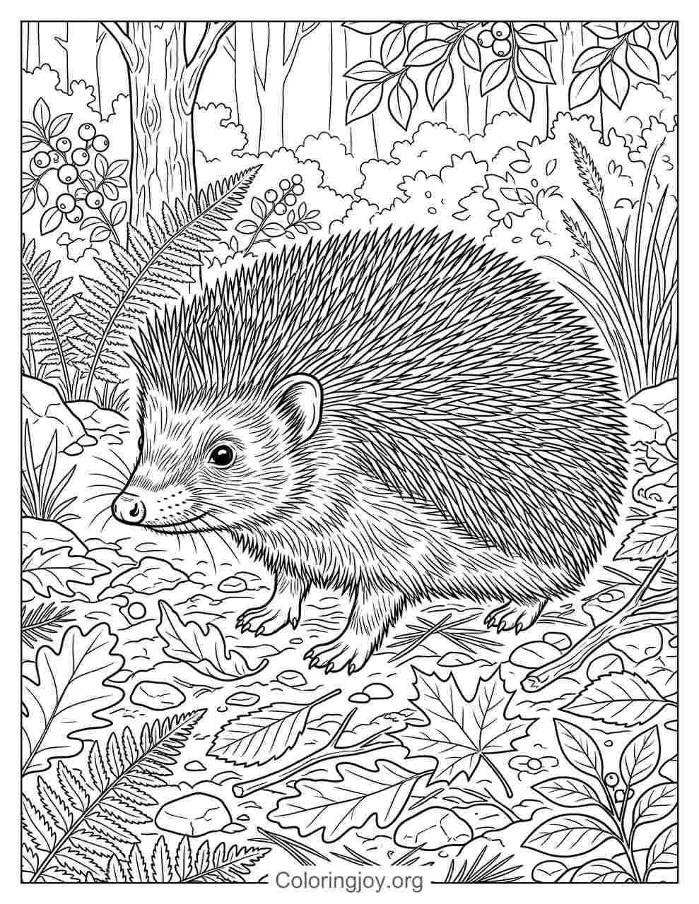Discover a realistic hedgehog standing in a peaceful woodland setting.