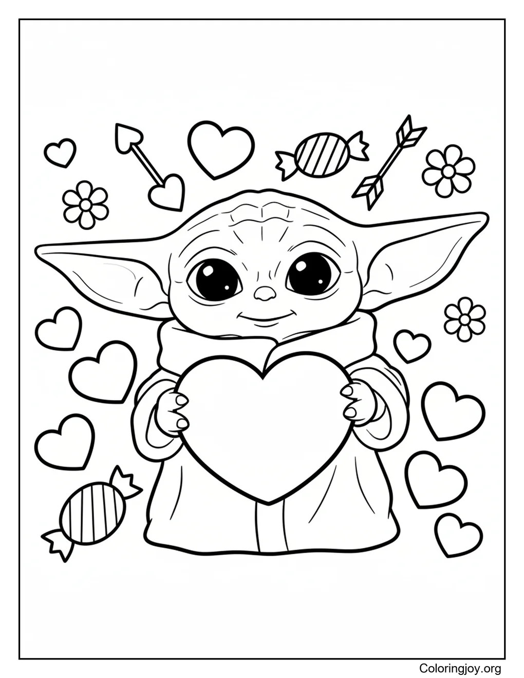 Peppa Pig stands cheerfully in a Valentine setting with hearts around her.