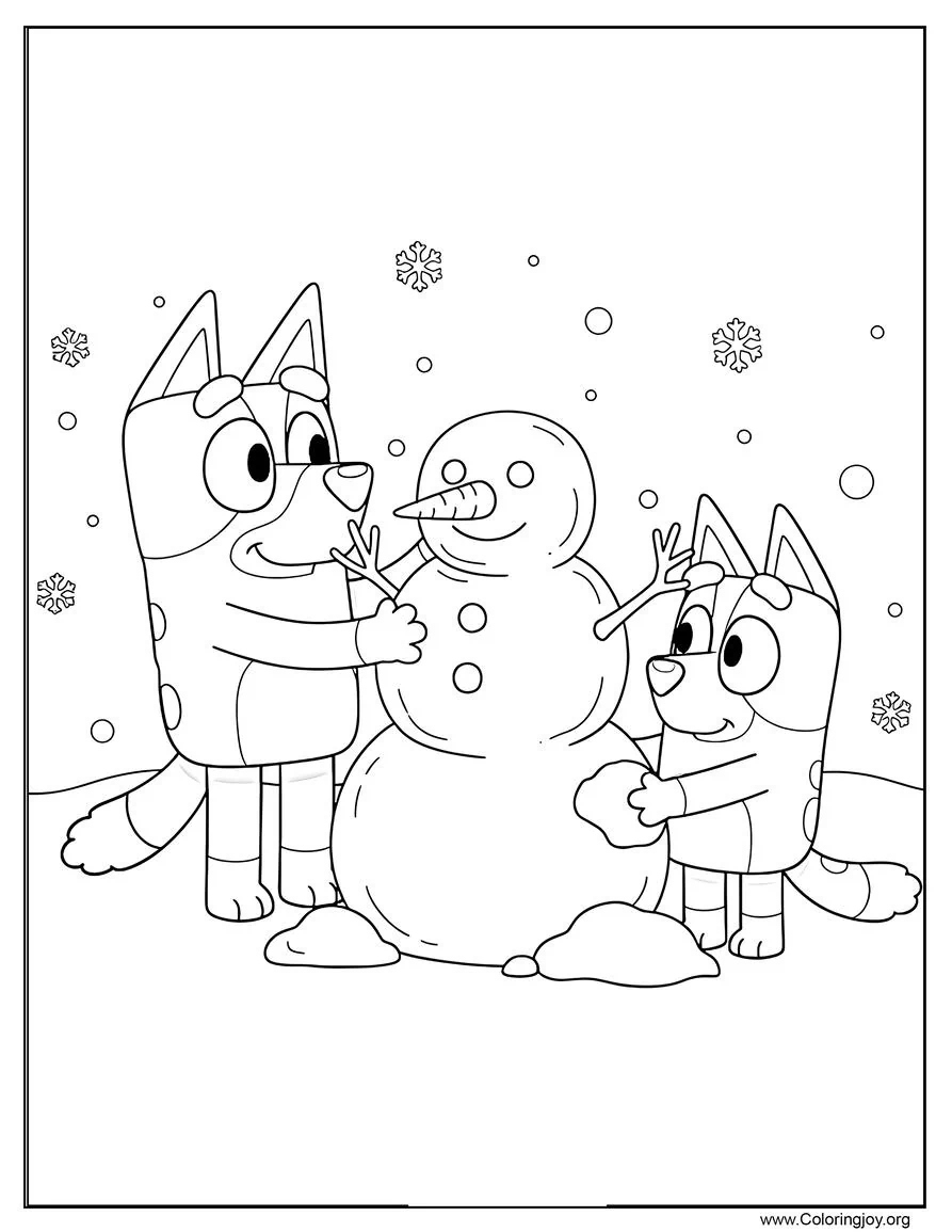 Bluey and Bingo Building a Snowman Coloring page