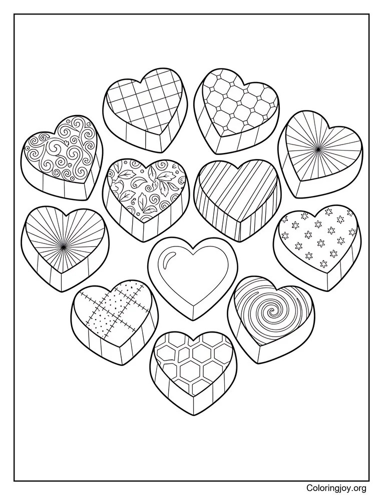 Heart-shaped chocolates with unique designs lie in a balanced playful arrangement.