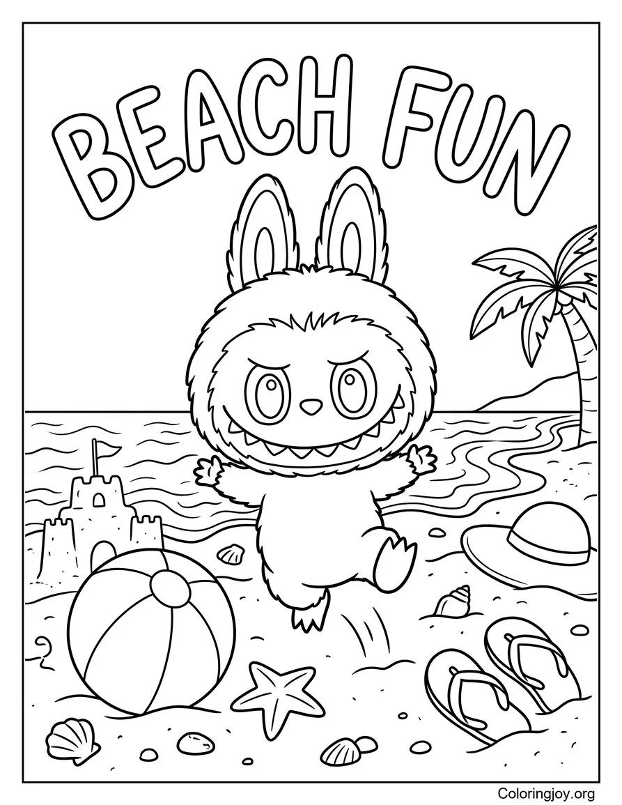 Cute Beach Fun Labubu-Inspired Coloring Page