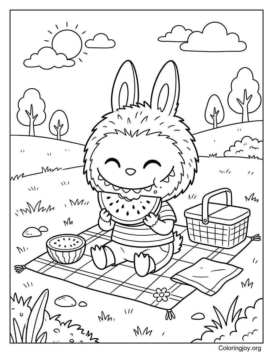 Eating Watermelon on Picnic Mat Labubu-Inspired Coloring Page