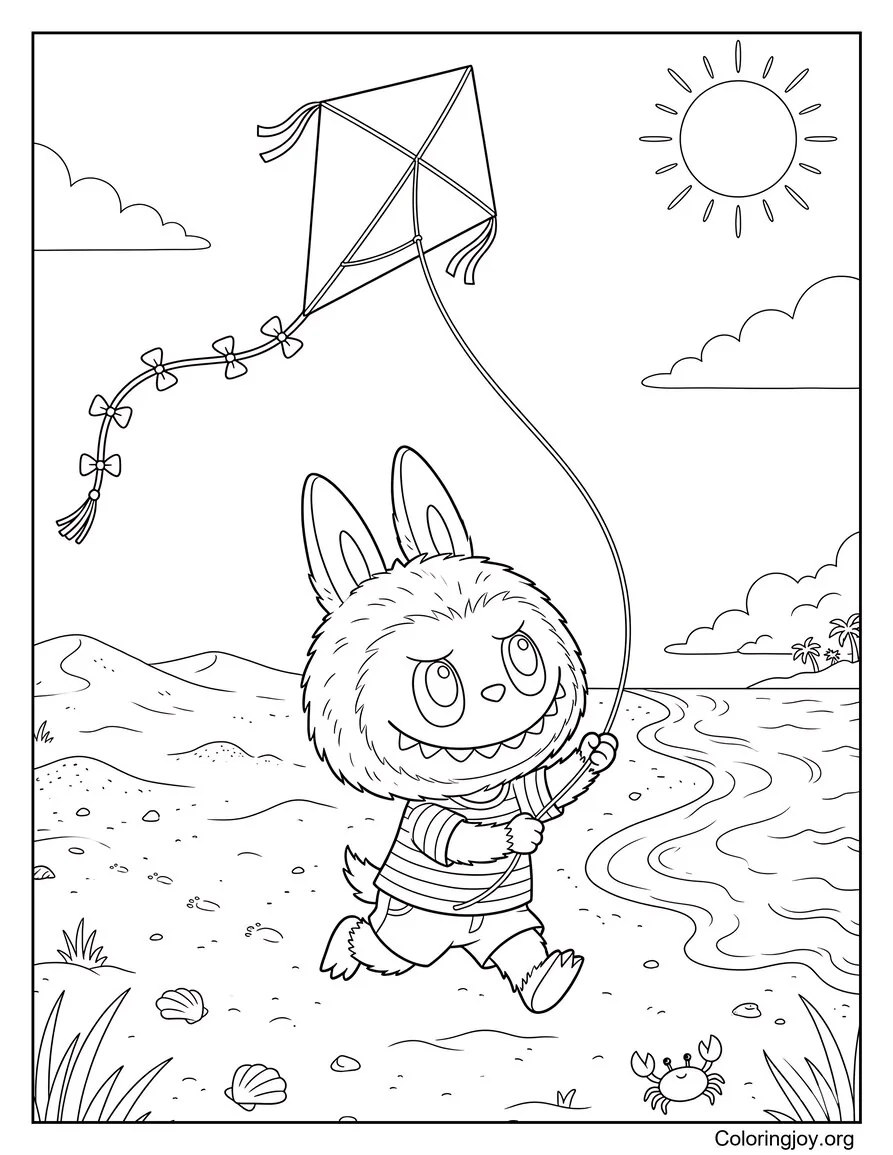 Flying a Kite on Sunny Beach Labubu-Inspired Coloring Sheet