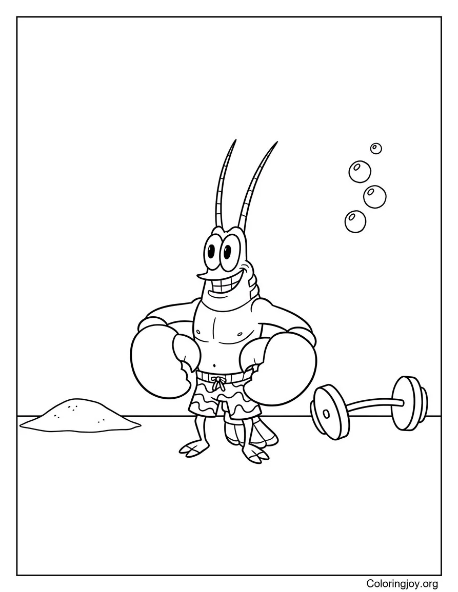 Strong Larry the Lobster shows off his muscles on the beach.