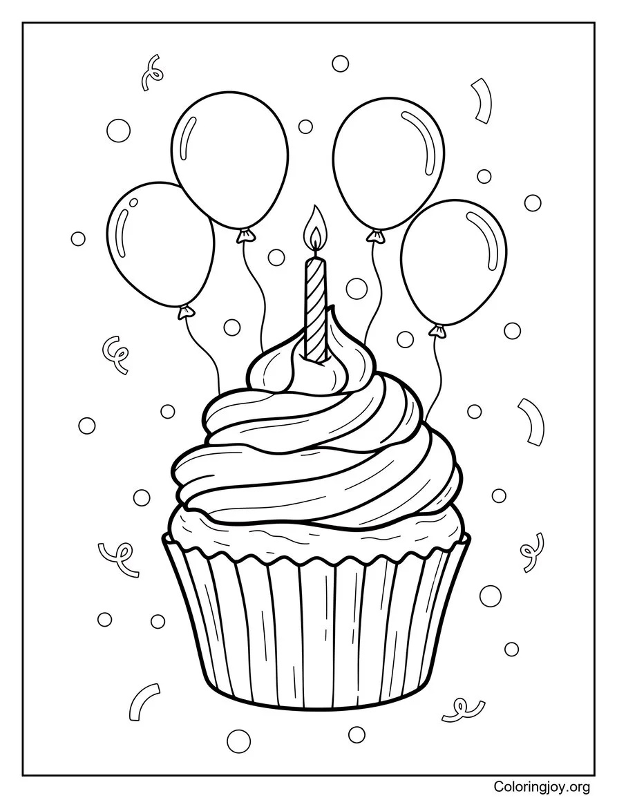 Light a birthday cupcake with candle and balloons floating around.