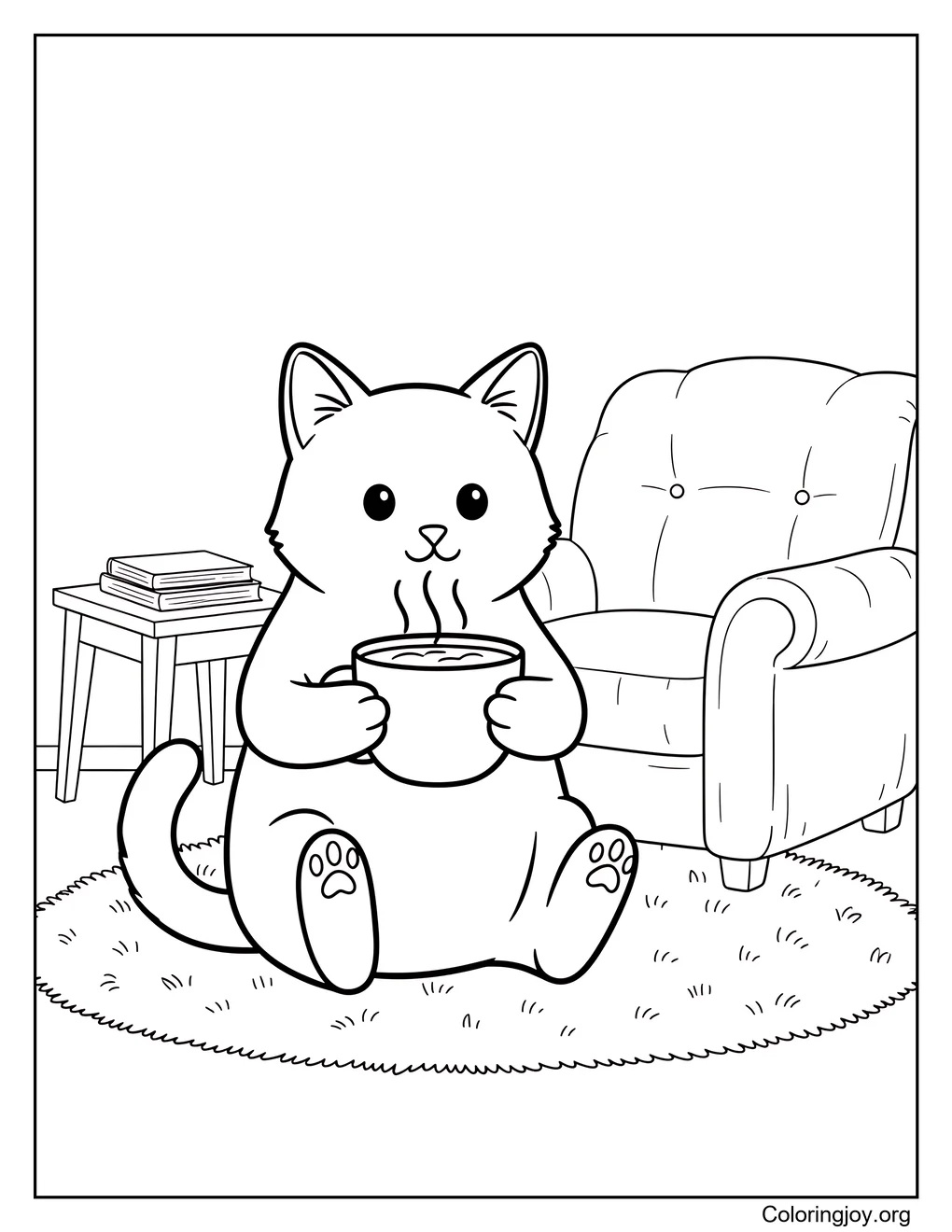 Holding a warm mug, this cat relaxes in a cozy space.
