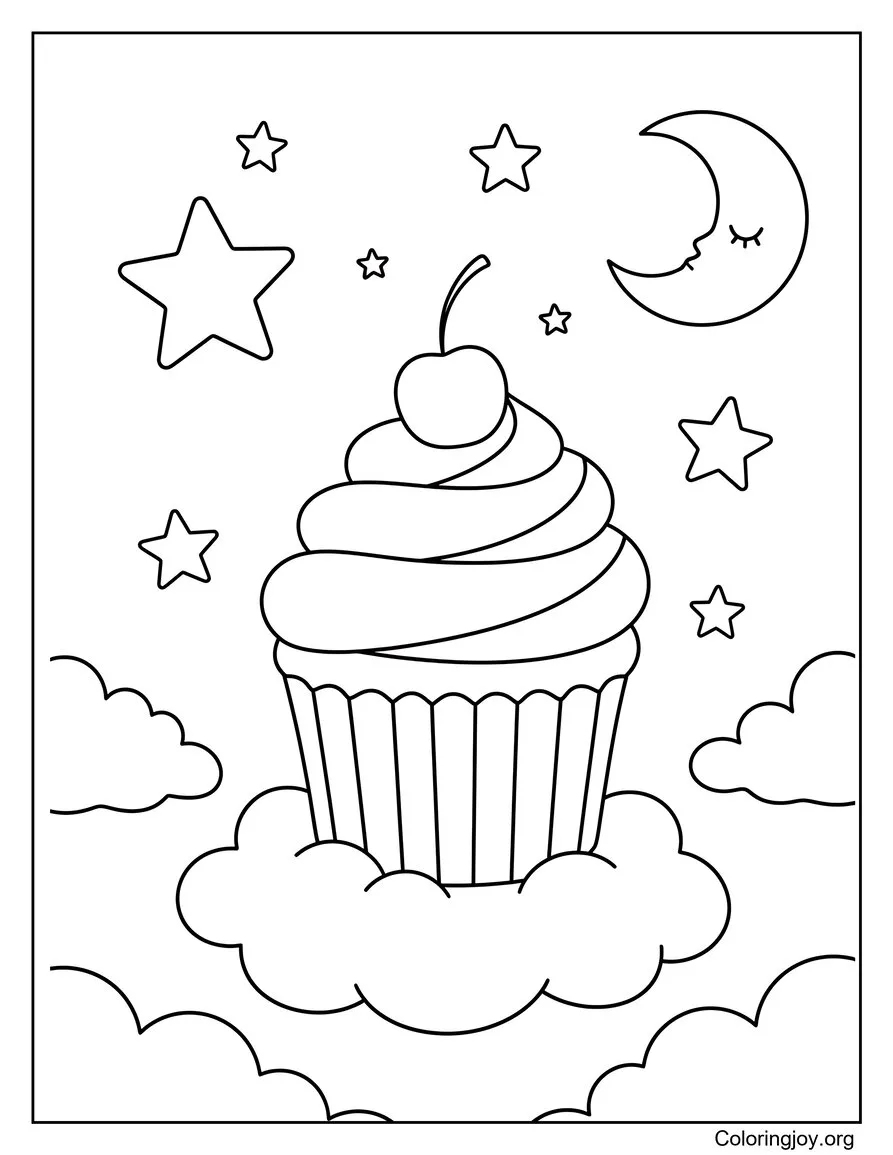 Rest a big cupcake on a cloud under the moon and stars.