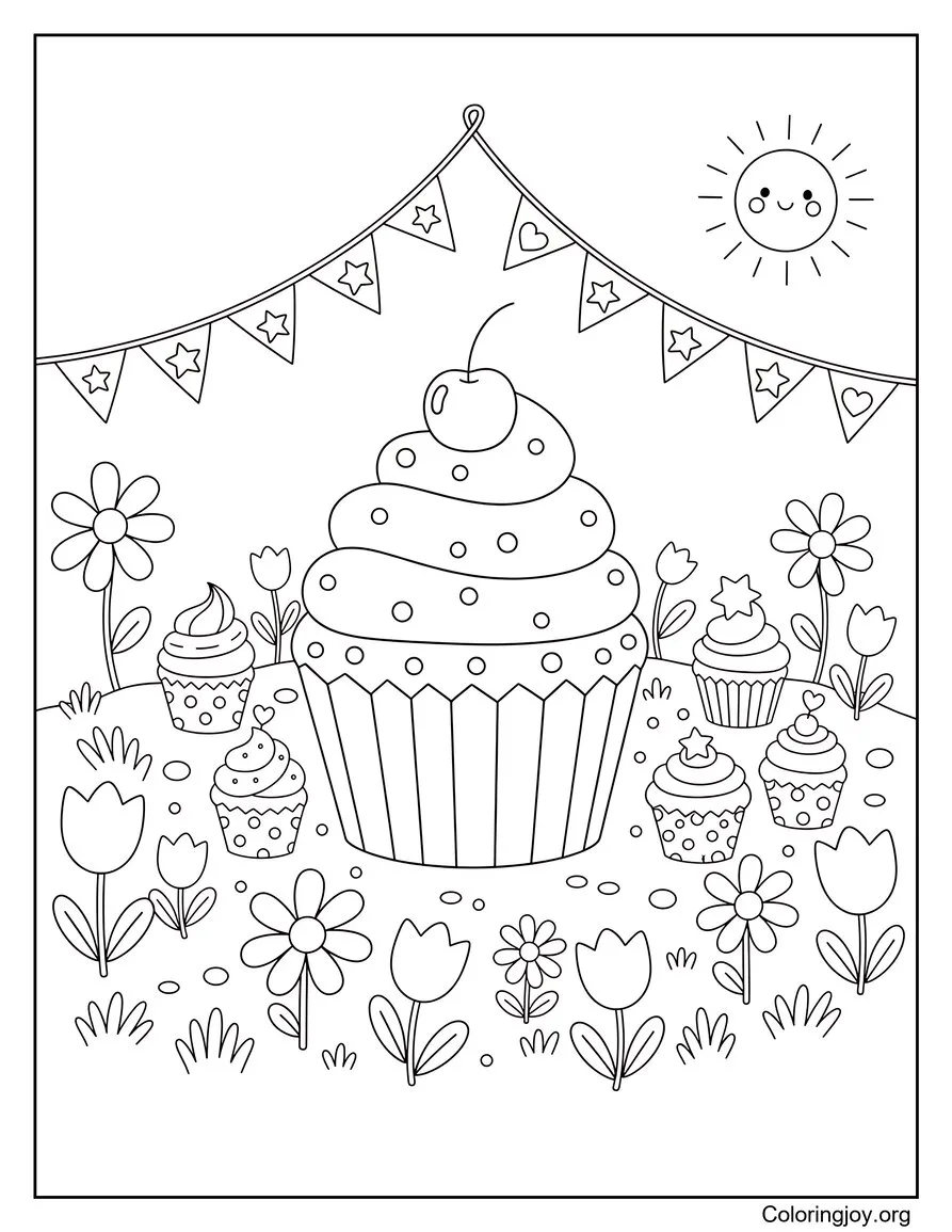 Celebrate with cupcakes among blooming flowers under a cheerful sun.
