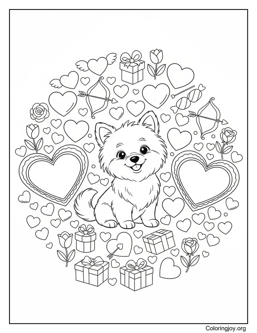 Stitch cuddles a large heart while enjoying a calm Valentine scene.