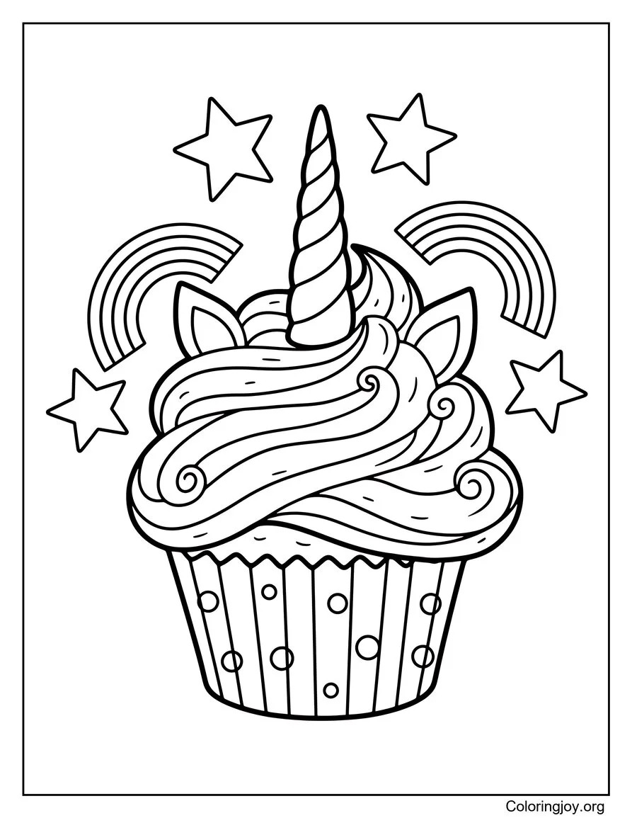 Add unicorn decorations around a cupcake with rainbows and stars.